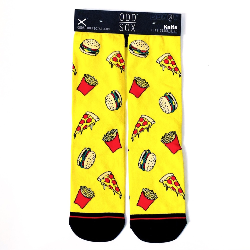 Odd Sox Junk Food Crew Socks Mens Fun Gift Pizza Burgers French Fries Yellow